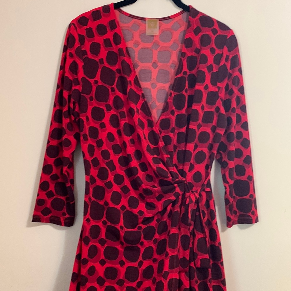 Anne Klein Red and Black Geometric Wrap Dress